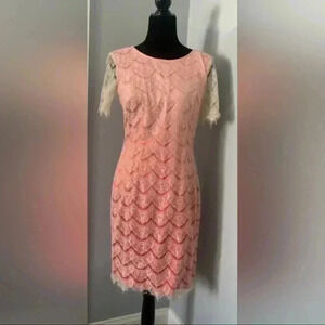 Antonio Melani Coral Ombré Midi Dress w Lace Overlay EUC Sz 10